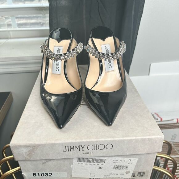 Jimmy Choo Bing 100 Patent Leather Mules with Crystal Strap Heels - Picture 6 of 10